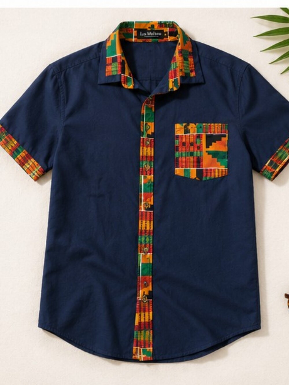 Navy Short-Sleeve Button-Down with Kente Trim